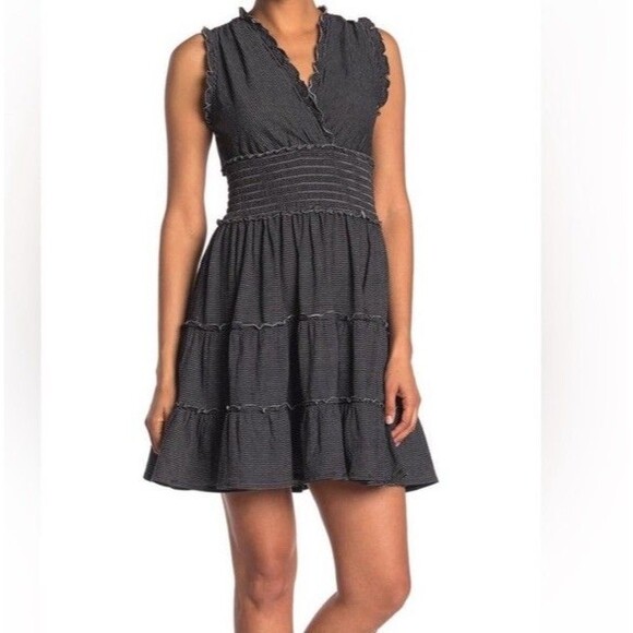 Max Studio Black Tiered Ruffle Smocked Striped A Line Dress Womens Size M - Picture 1 of 16